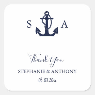 Monogram Nautical Navy Blue Anchor Wedding    Square Sticker