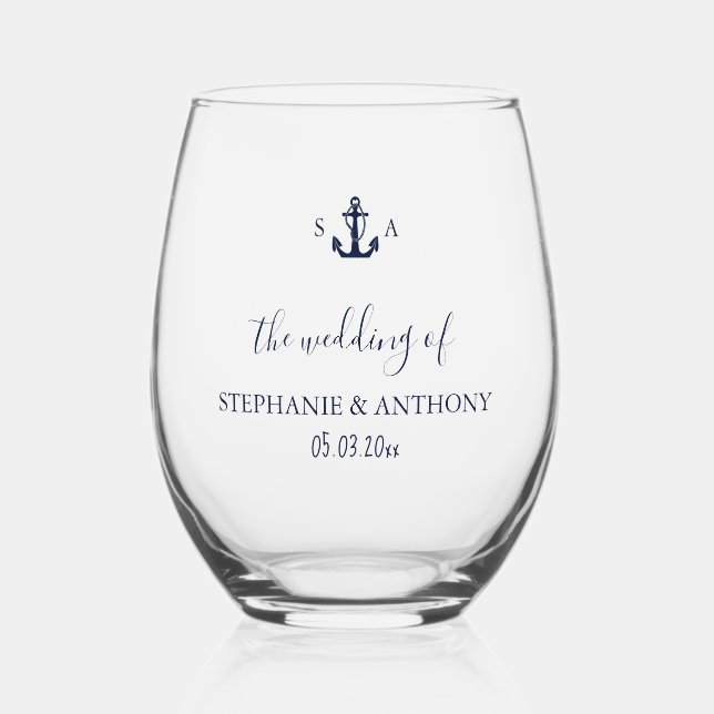 Monogram Nautical Navy Blue Anchor Wedding    Stemless Wine Glass (Front)