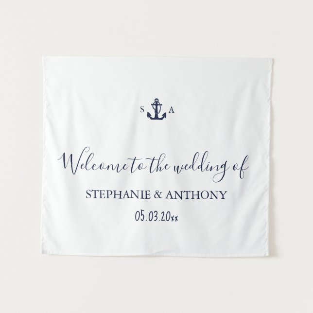 Monogram Nautical Navy Blue Anchor Wedding     Tapestry (Front (Horizontal))
