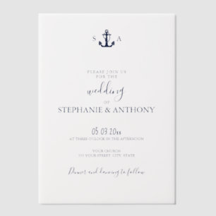 Monogram Nautical Navy Blue Anchor Wedding Vellum Invitations