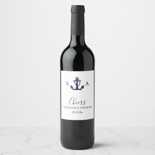 Monogram Nautical Navy Blue Anchor Wedding    Wine Label (Front)