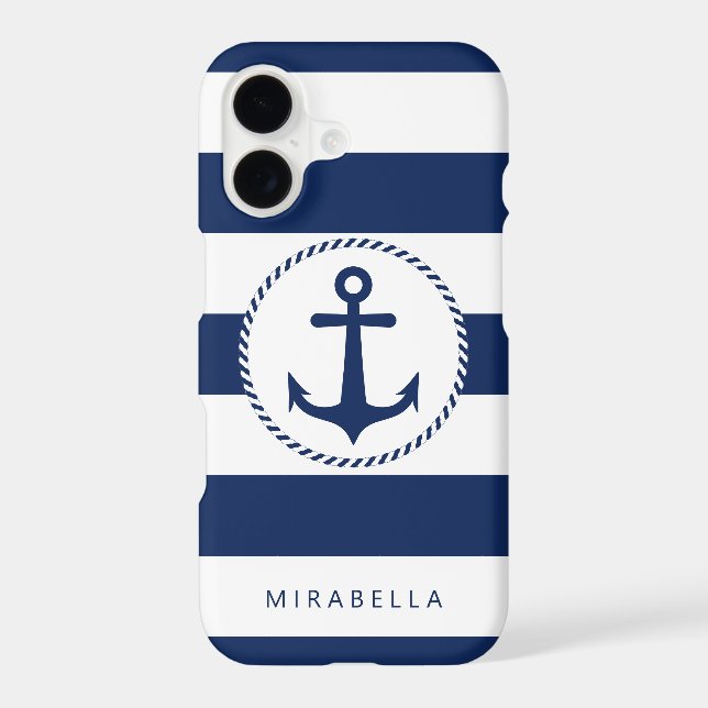 Monogram Nautical Navy Blue White Stripes Anchor iPhone Case (Back)