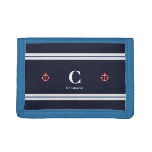Monogram Nautical Navy Blue White Stripes Tri-fold Wallet