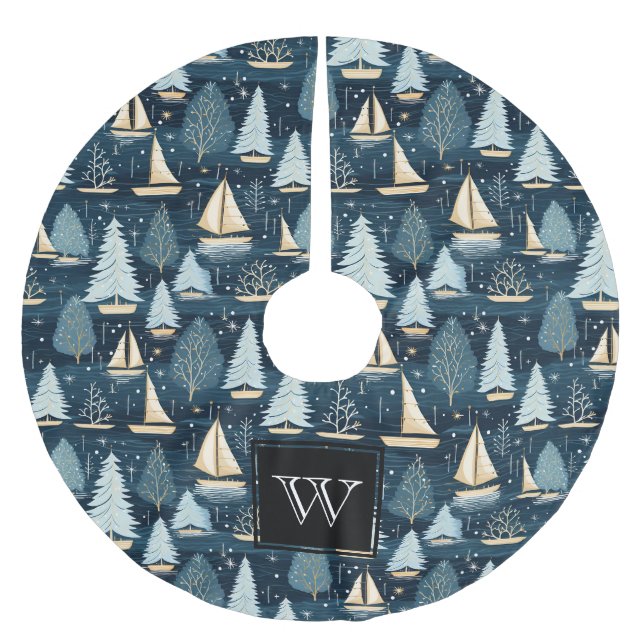 Monogram Nautical Sailboat Brushed Polyester Tree Skirt (Front)