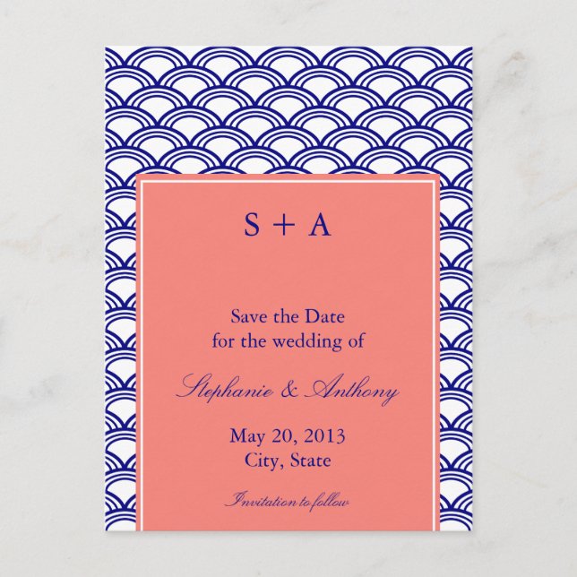 Monogram Navy and Coral Seigaiha Pattern Wedding Announcement Postcard (Front)
