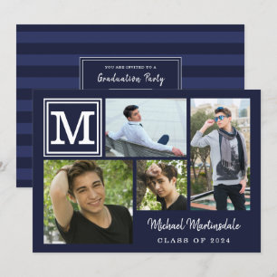 Monogram Navy Blue 4-Photo Graduation Party Invitation