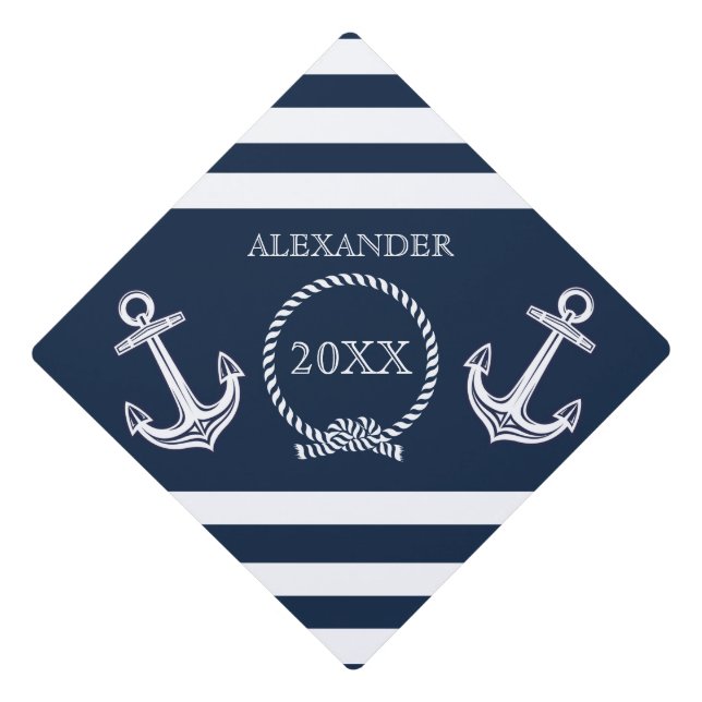 Monogram Navy Blue and White Nautical Stripes Graduation Cap Topper (Front)