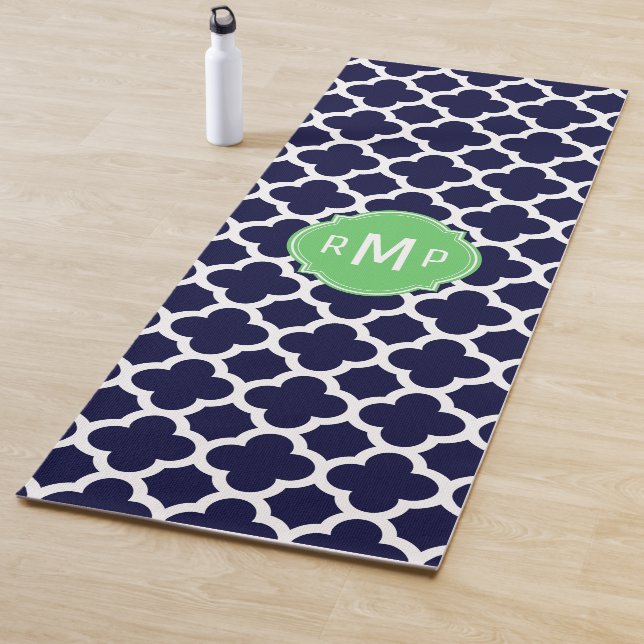 Monogram Navy Blue and White Quatrefoil Pattern Yoga Mat (In Situ)