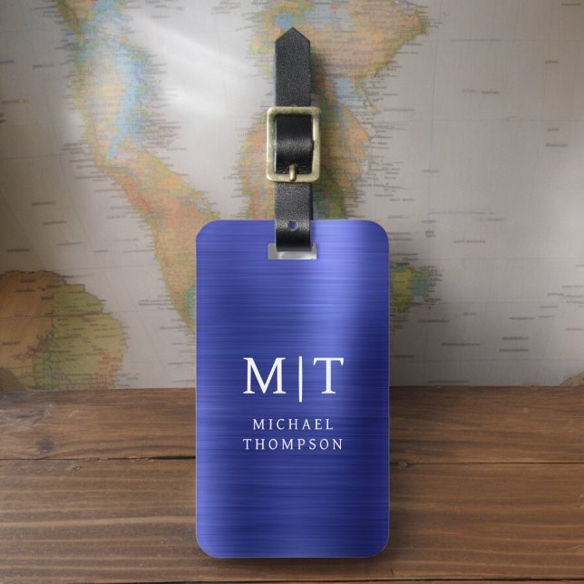 Monogram Navy Blue Brushed Metallic Elegant Luggage Tag (Creator Uploaded)