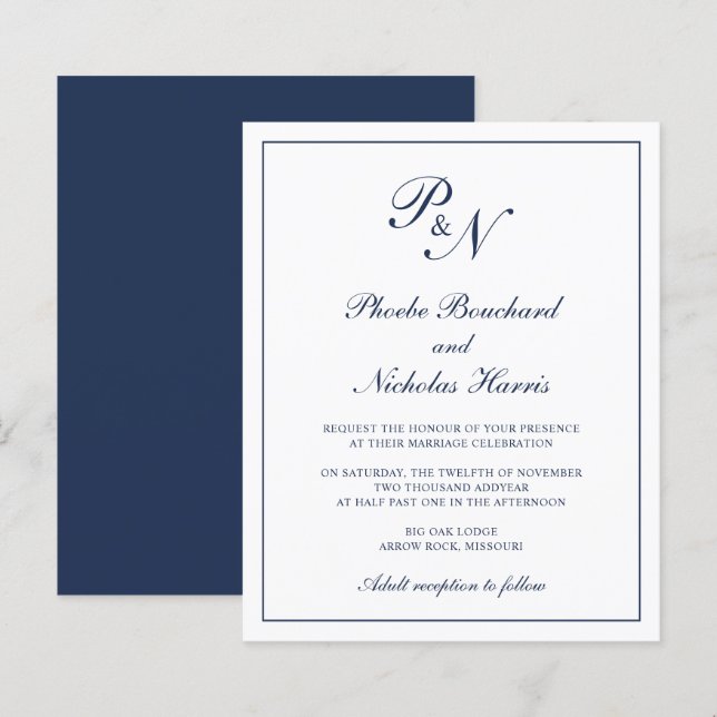 Monogram Navy Blue Budget Wedding Invitation (Front/Back)