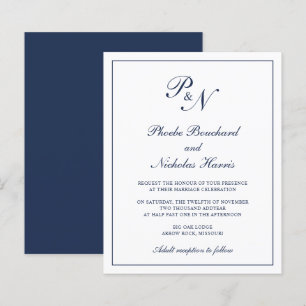 Monogram Navy Blue Budget Wedding Invitation