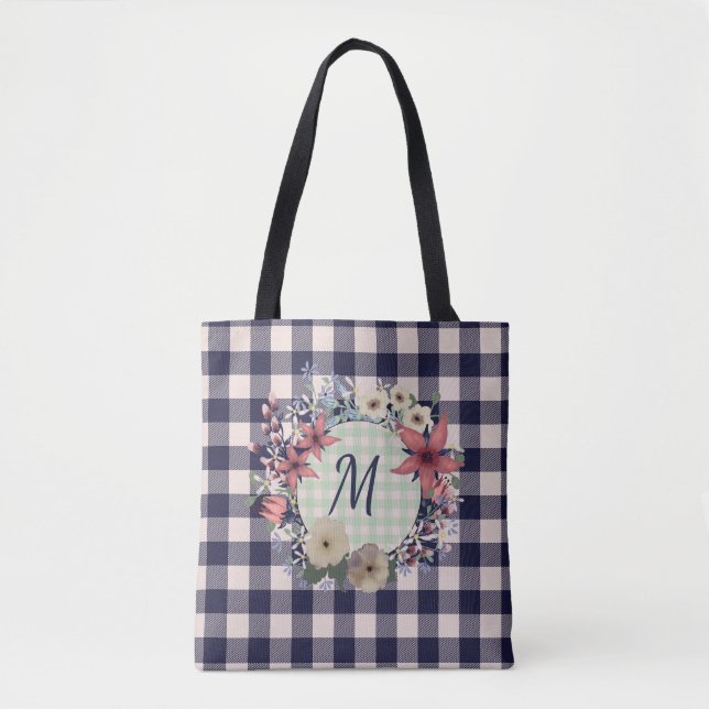 Monogram Navy Blue Checks | You Customize Tote Bag (Front)