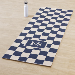 Monogram Navy Blue Cream Checkered Pattern Yoga Mat