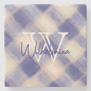 Monogram navy blue cream plaid tartan gingham  stone coaster