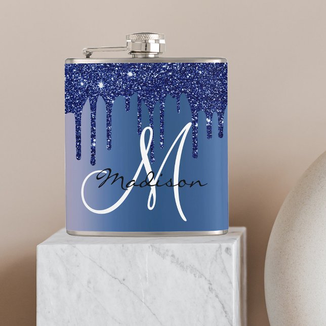Monogram Navy Blue Dripping Glitter Drips Hip Flask (Creator Uploaded)