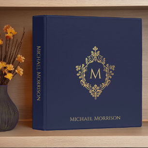 Monogram Navy Blue Faux Gold Crest & Name Elegant Binder