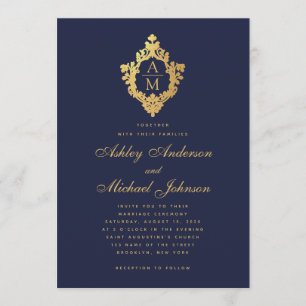 Monogram Navy Blue Faux Gold Vintage Crest Wedding Invitation