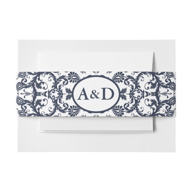 Monogram Navy Blue Floral Damask Invitation Belly Band (Front Example)