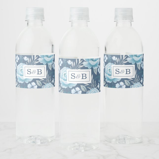Monogram Navy Blue Floral Wedding Water Bottle Label (Bottles)