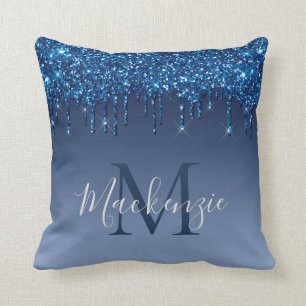 Monogram Navy Blue Glitter Modern Chic Sparkly  Throw Pillow