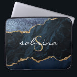 Monogram Navy Blue Gold Agate Geode Laptop Sleeve<br><div class="desc">This chic design features an elegant watercolor image of navy blue agate trimmed with faux gold glitter. Personalize it with your monogram initial in gold coloured decorative font and your name in white handwriting script.</div>