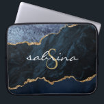 Monogram Navy Blue Gold Agate Geode Laptop Sleeve<br><div class="desc">This chic design features an elegant watercolor image of navy blue agate trimmed with faux gold glitter. Personalize it with your monogram initial in gold coloured decorative font and your name in white handwriting script.</div>