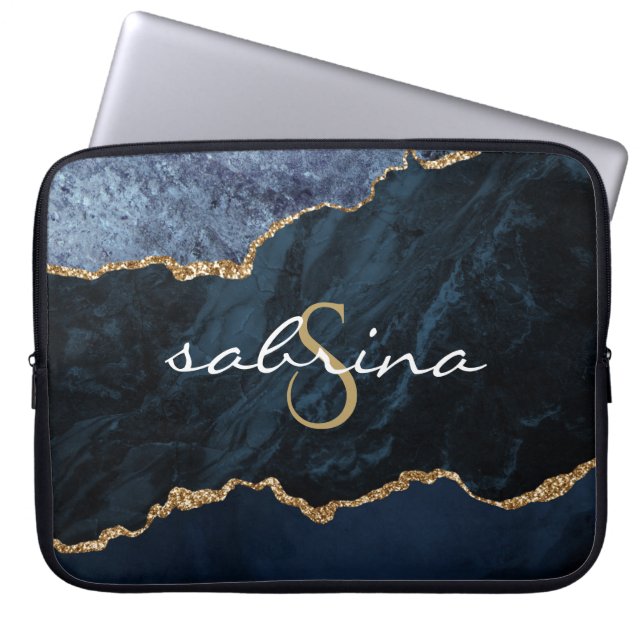 Monogram Navy Blue Gold Agate Geode Laptop Sleeve (Front)