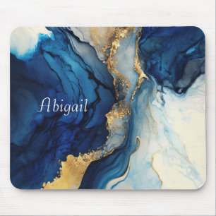 Monogram Navy Blue Gold Agate Marble Watercolor  Mouse Pad