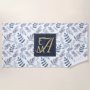 Monogram Navy Blue Gold Botanical Leaves Ferns Beach Towel