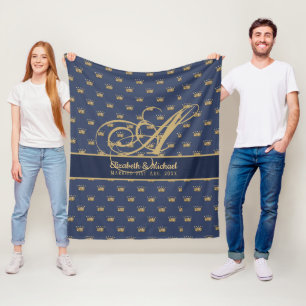 Monogram Navy Blue Gold Crown King Queen NEWLYWEDS Fleece Blanket