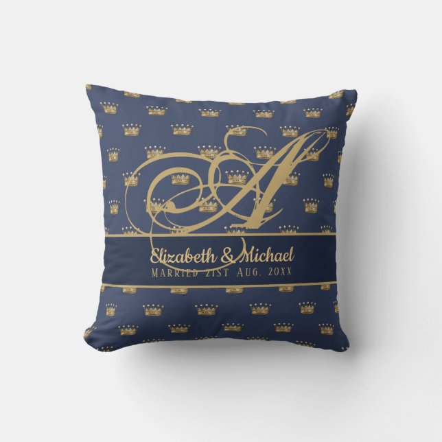 Monogram Navy Blue Gold Crown King Queen NEWLYWEDS Throw Pillow (Front)