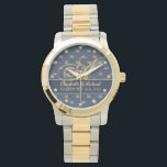 Monogram Navy Blue Gold Crown King Queen NEWLYWEDS Watch<br><div class="desc">Elegant commemorative wedding gift for the newlyweds allowing you add their surname monogram,  names and wedding date. Pattern here is a lovely deep navy blue with gold coloured crown pattern,  perfect for the King and Queen of the household!</div>