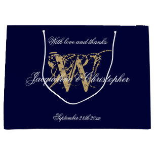 Monogram Navy Blue & Gold Elegant Wedding Large Gift Bag