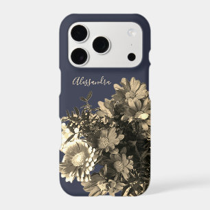 Monogram Navy Blue Gold Floral Bouquet Elegant