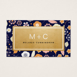 Monogram Navy Blue Gold Flowers Business Cards