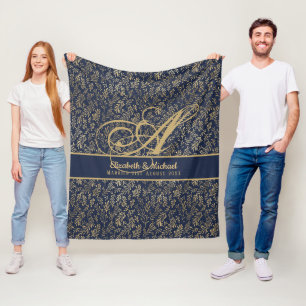 Monogram Navy Blue Gold Leaf Newlyweds Wedding Fleece Blanket