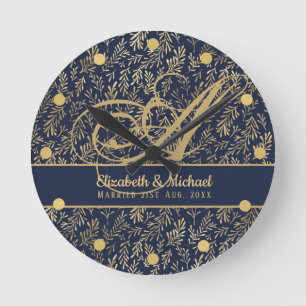 Monogram Navy Blue Gold Leaf Newlyweds Wedding Round Clock