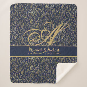 Monogram Navy Blue Gold Leaf Newlyweds Wedding Sherpa Blanket