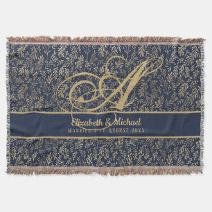 Monogram Navy Blue Gold Leaf Newlyweds Wedding Throw Blanket
