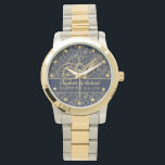 Monogram Navy Blue Gold Leaf Newlyweds Wedding Watch<br><div class="desc">Elegant commemorative wedding gift for the newlyweds allowing you add their surnma emonogram,  names and wedding date. Pattern here is a lovely deep navy blue with gold coloured leaf pattern.</div>