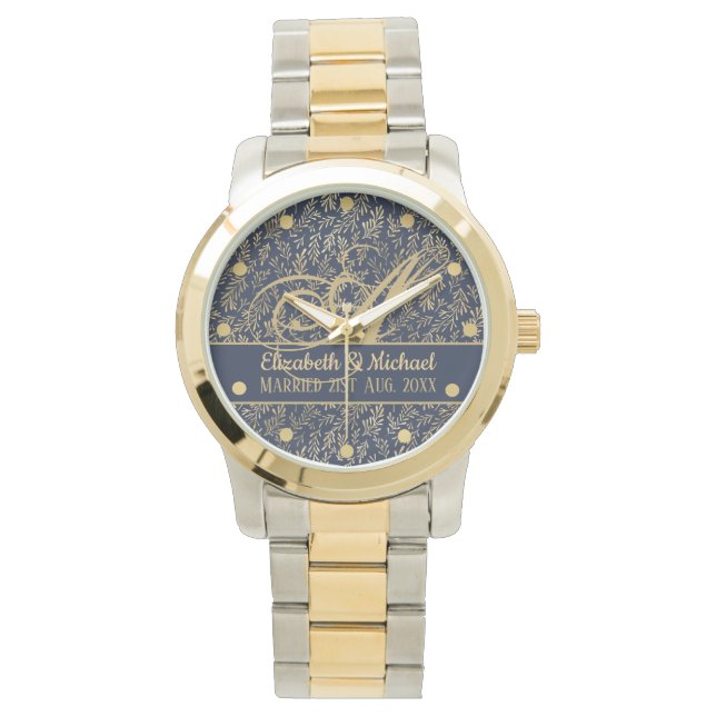 Monogram Navy Blue Gold Leaf Newlyweds Wedding Watch (Front)
