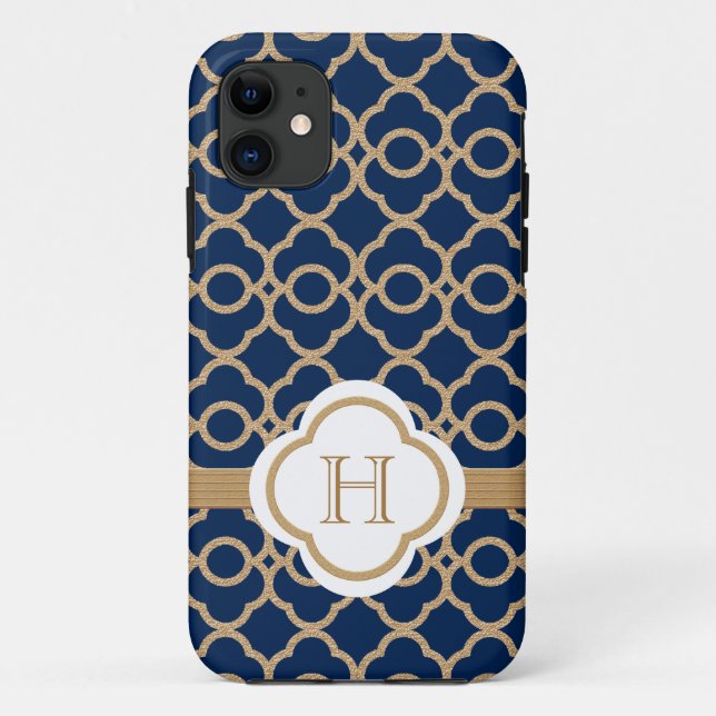 Monogram Navy Blue Gold Moroccan Case-Mate iPhone Case (Back)
