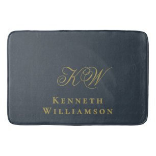 Monogram Navy Blue Gold Name Minimalist Men Bath Mat