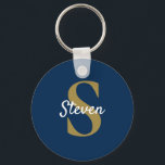 Monogram Navy Blue Gold Personalized Name Keychain<br><div class="desc">This simple classic personalized monogram navy blue and gold keychain is great for birthday,  father’s day,  and holiday gifts,  wedding favours,  and more.
*If you need design assistance or would like matching products or other colorways,  please contact me through Zazzle.</div>