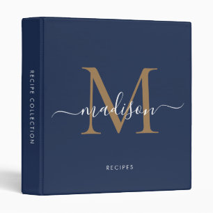 Monogram Navy Blue Gold Script Name Kitchen Recipe Binder