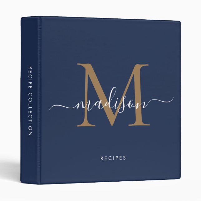 Monogram Navy Blue Gold Script Name Kitchen Recipe Binder (Front/Spine)