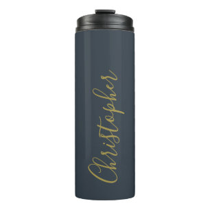 Monogram Navy Blue Gold Script Name Minimalist Men Thermal Tumbler