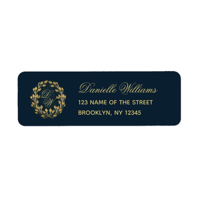 Monogram Navy Blue Gold Wreath Elegant Calligraphy (Front)