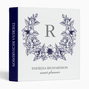 Monogram Navy Blue Magnolia Flowers Wreath Binder