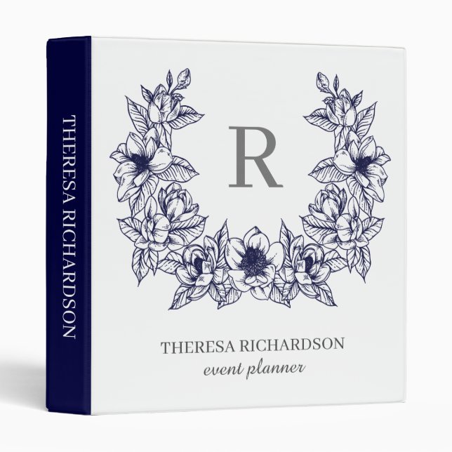 Monogram Navy Blue Magnolia Flowers Wreath Binder (Front/Spine)
